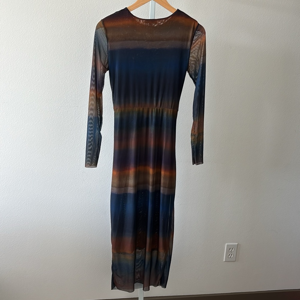 BodyCon Dress L Ruched Ombre Sunset Sheer Sleeves Y2K Dark Fairy Ethereal Grunge - Picture 7 of 15